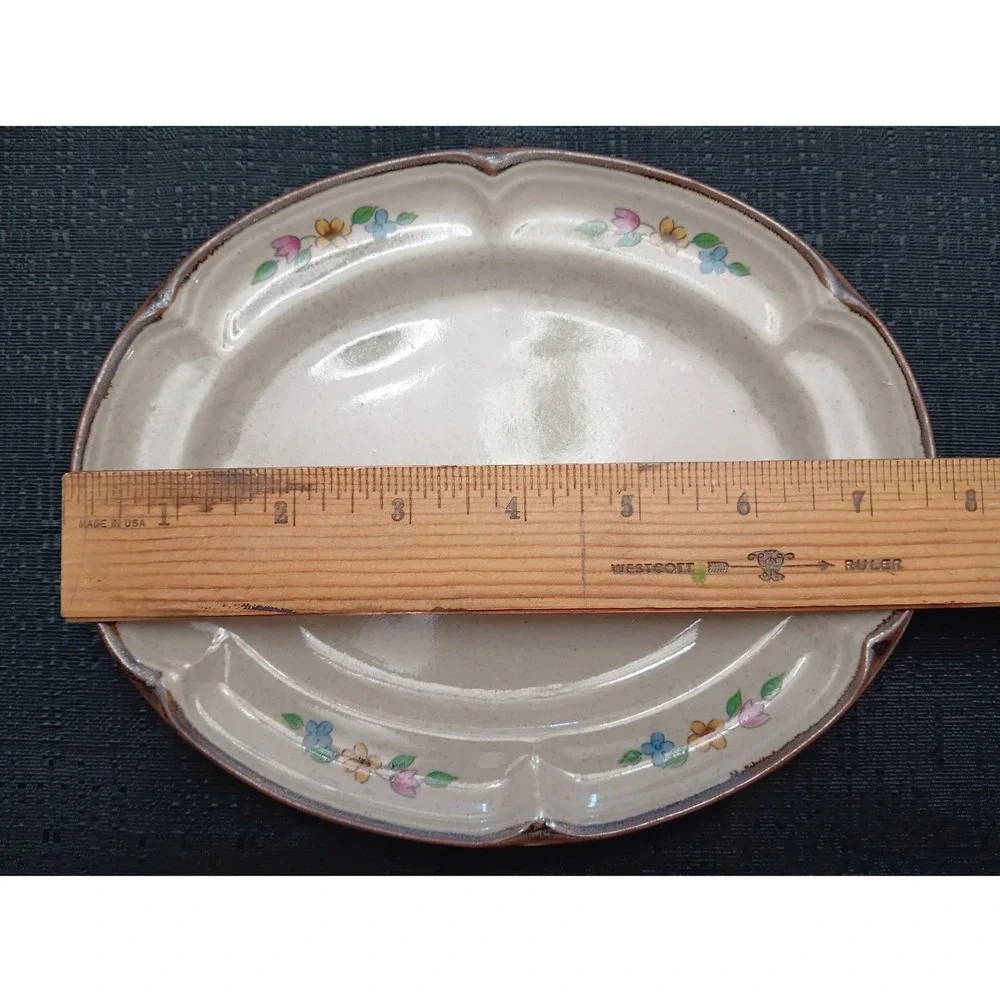 Vintage Village Scene Gravy Boat with Underplate Stoneware Country Folk Art